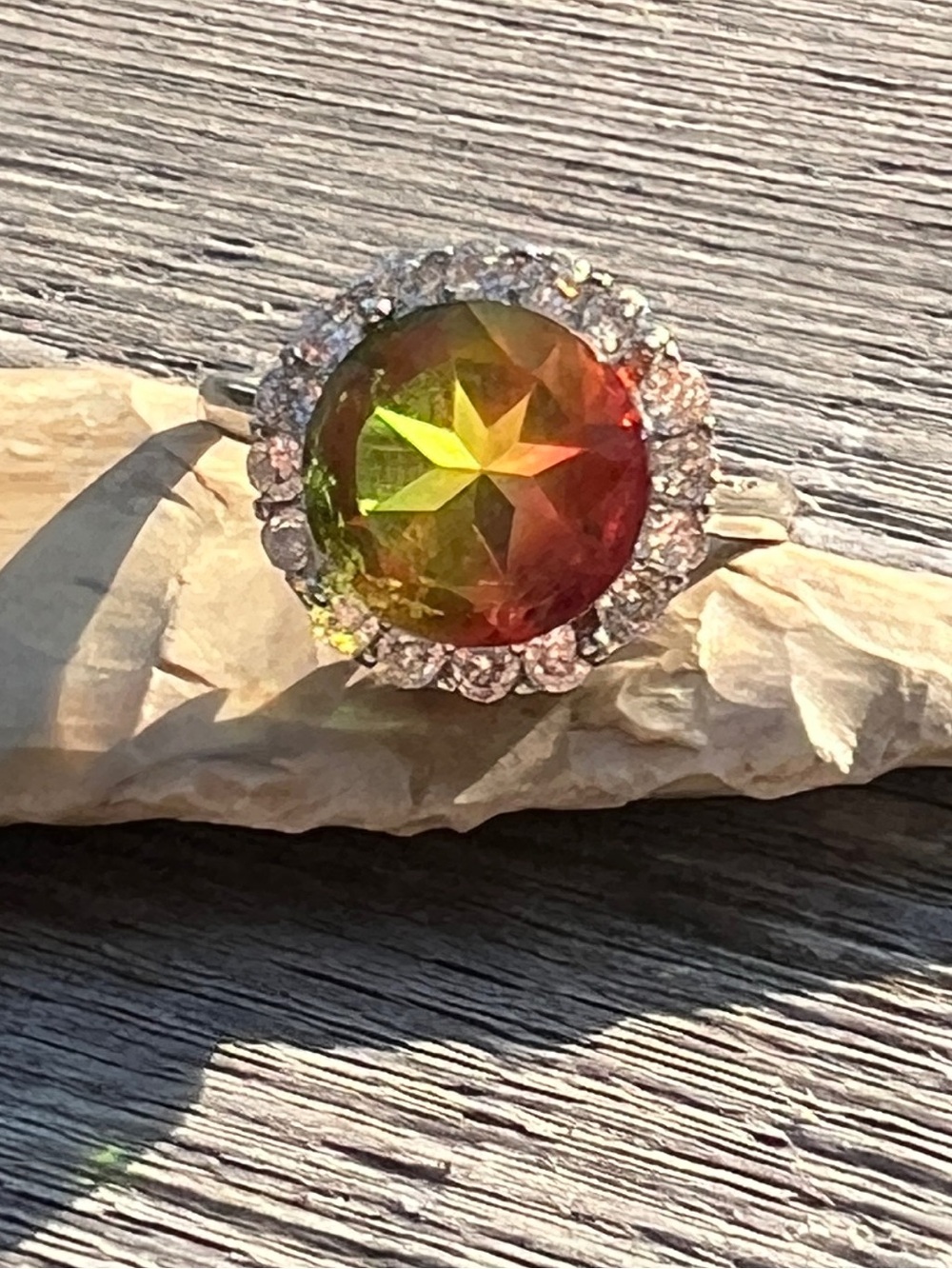 Artisan 3.35 ct Tri-Color Watermelon Tourmaline Quartz Doublet Crown Ring